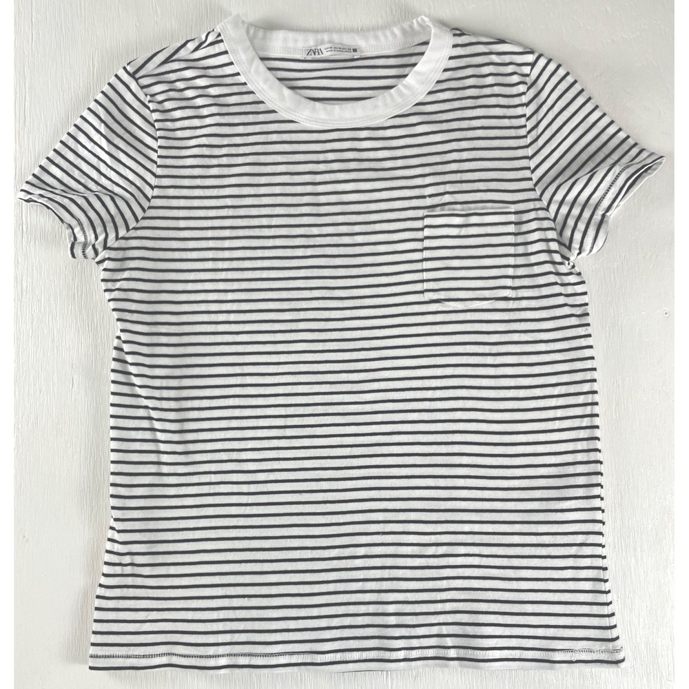 ZARA Woman‎ Black White T-SHIRT Striped Short Sleeve Pocket Size M City Chic